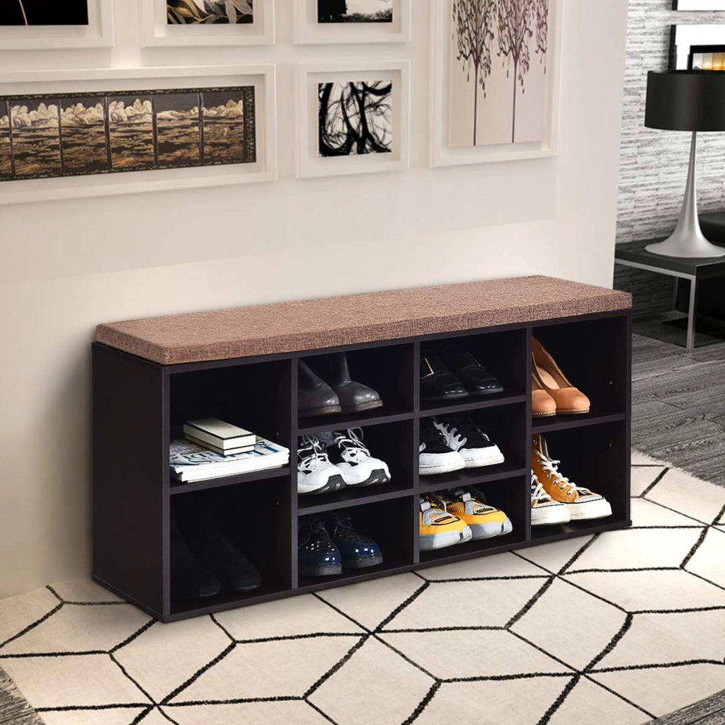 Scarpiera Salvaspazio da Ingresso con 10 Scomparti, Panca Contenitore con Cuscino, Cassapanca Portascarpe 104 x 30 x 48cm (Marrone)