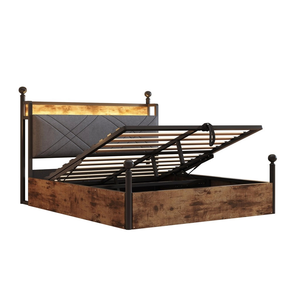 Letto Matrimoniale in Metallo con Baldacchino e Contenitore Idraulico ¨C MINIMAL ¨C Nero 140x190 LED
