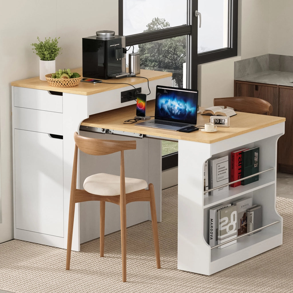 Tavolo allungabile con 2 cassetti e prese; per cucina; in MDF e vetro; bianco
