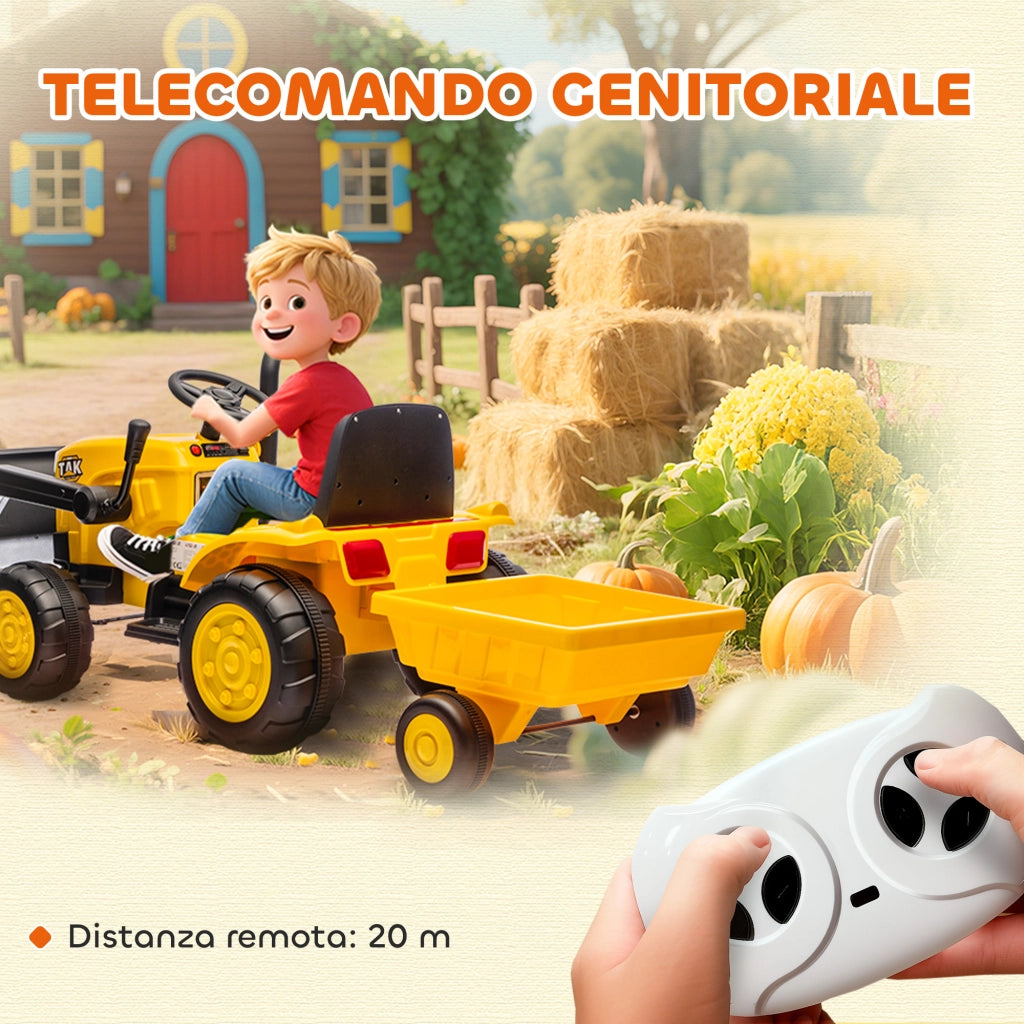 Escavatore per Bambini Elettrico 12V con Benna, Rimorchio e Telecomando, Et¨¤ 3-8 Anni, Giallo
