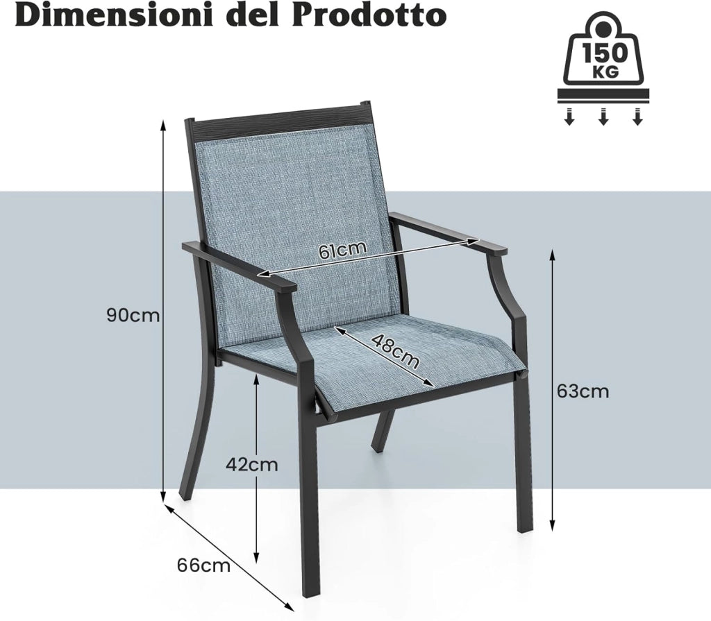 Set di 2 Sedie da Gairdino, Poltrone da Patio con Seduta in Tessuto Textilene, Sdraio da Balcone con Gambe in Metallo, Sedia da Pranzo Poltata 150 kg, per Giardino, Patio (Blu)