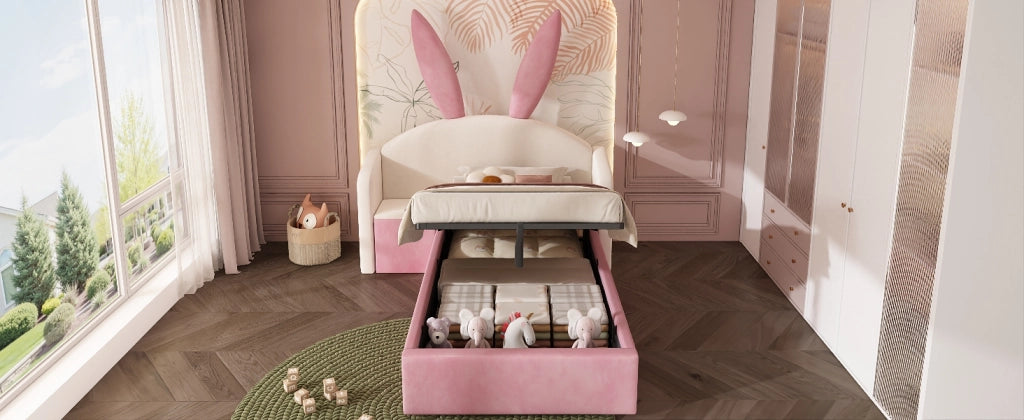 Letto per bambini 90 × 200 cm con testiera imbottita a orecchie di coniglio, contenitore laterale, senza materasso, rosa in velluto