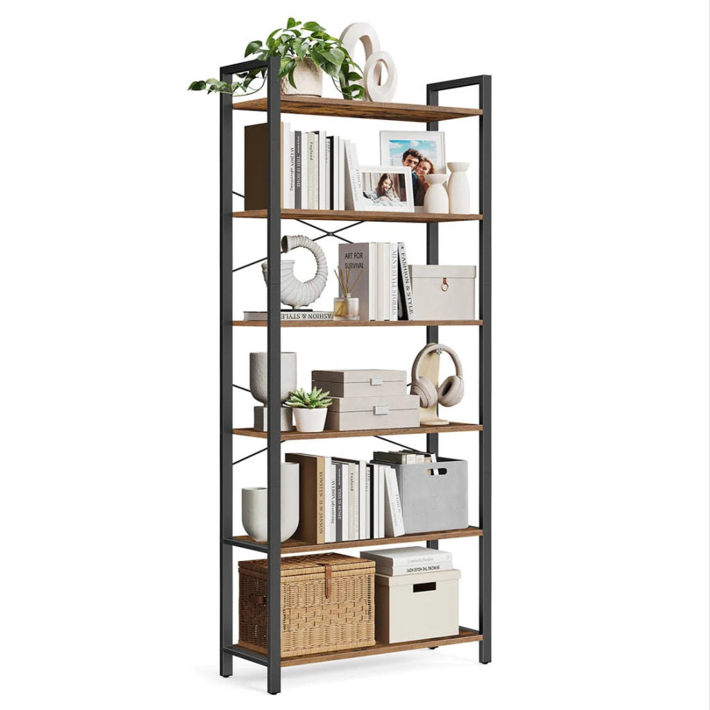 Libreria a 6 ripiani con struttura in acciaio per soggiorno ufficio ingresso stile industriale 80 x 30 x 186 cm marrone 12_0005452