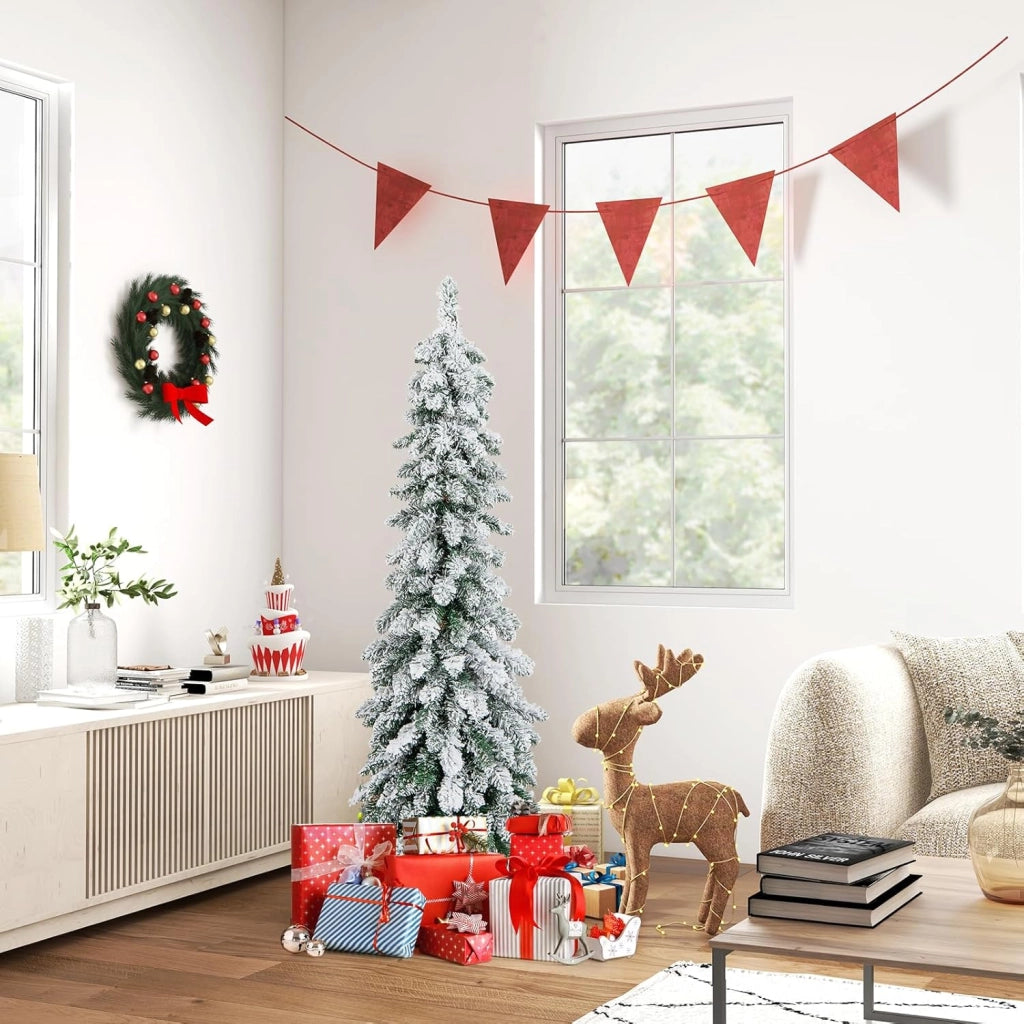 Albero di Natale Slim 120/150 CM, Albero di Natale Innevato con 225/334 Punte PVC, Timer, 100/150 Luci LED a 2 Colori e 11 Modalità di Illuminazione, Decorazione Natalizia Ideale (120 CM)