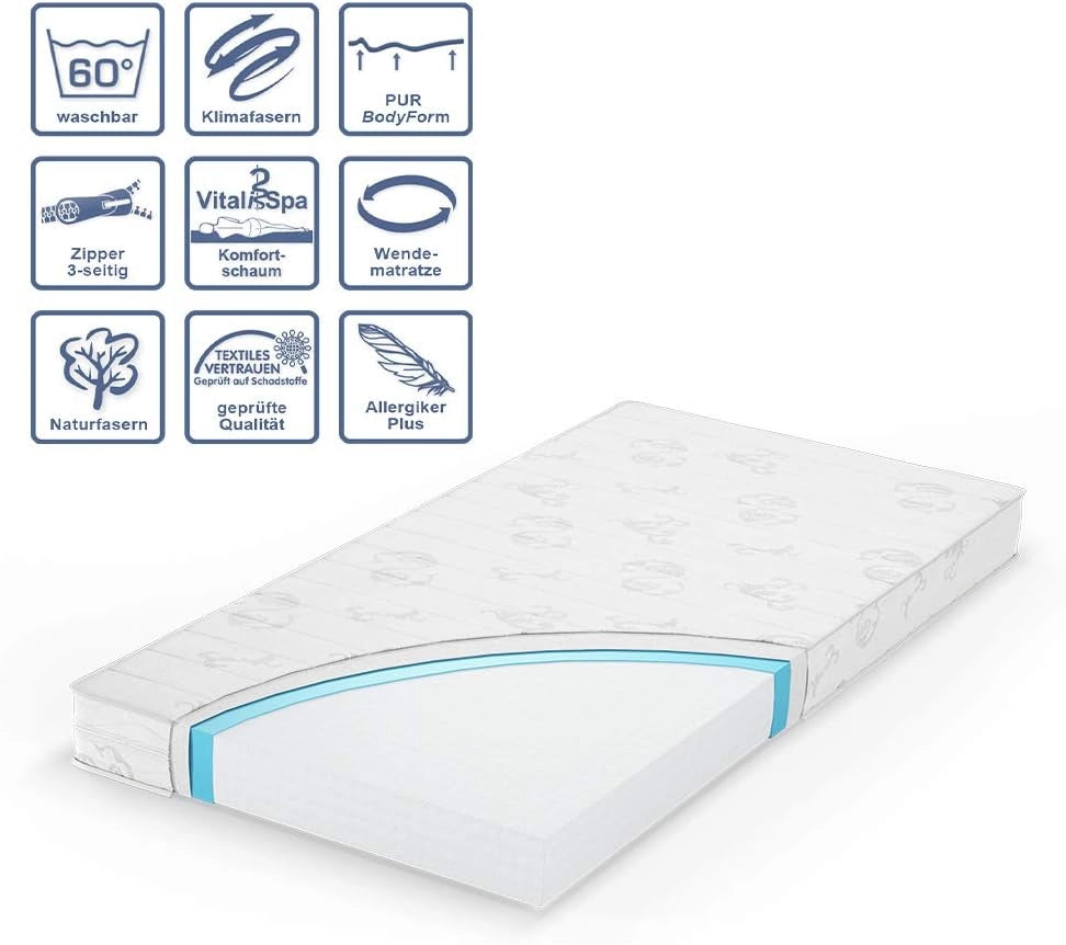 Materasso bambini, Bianco, 140 x 70 cm Livello di durezza H2, con rivestimento rimovibile e nucleo punto-elastico