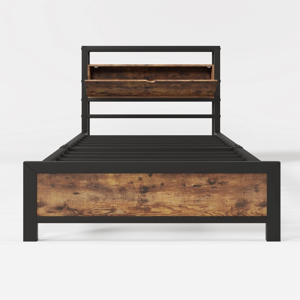 Letto Singolo in Metallo con Testiera Contenitore e Rete a Doghe ¨C MINIMAL ¨C Nero 90x200