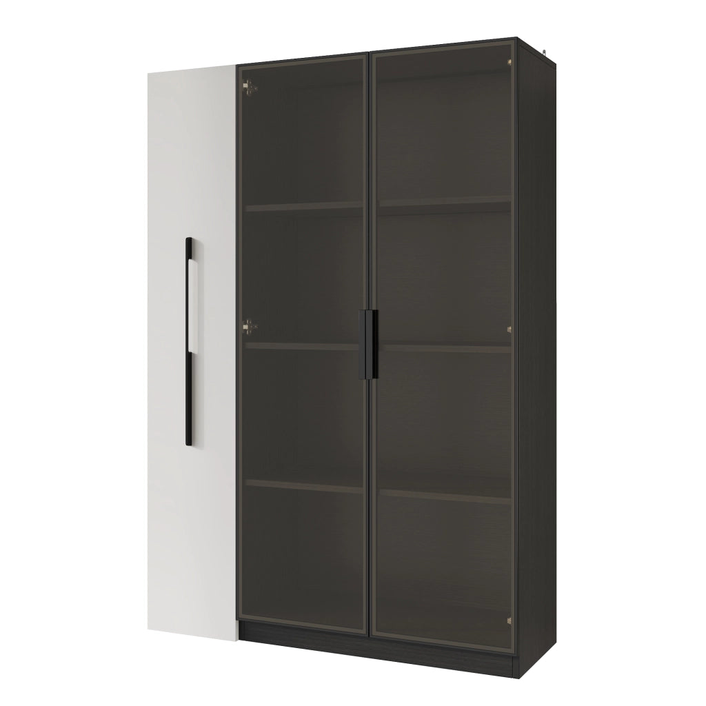 Vetrina in vetro LED 110,5x35x160 cm, design nero e bianco, con estraibile laterale e vani contenitivi
