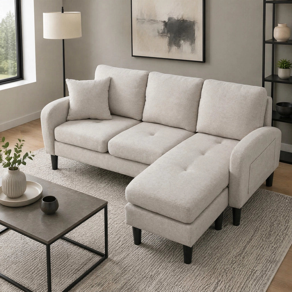 DIVANO ANGOLARE MODULARE 166 x 118 x 77 cm Tessuto misto cotone-lino Beige Grigio/Bianco