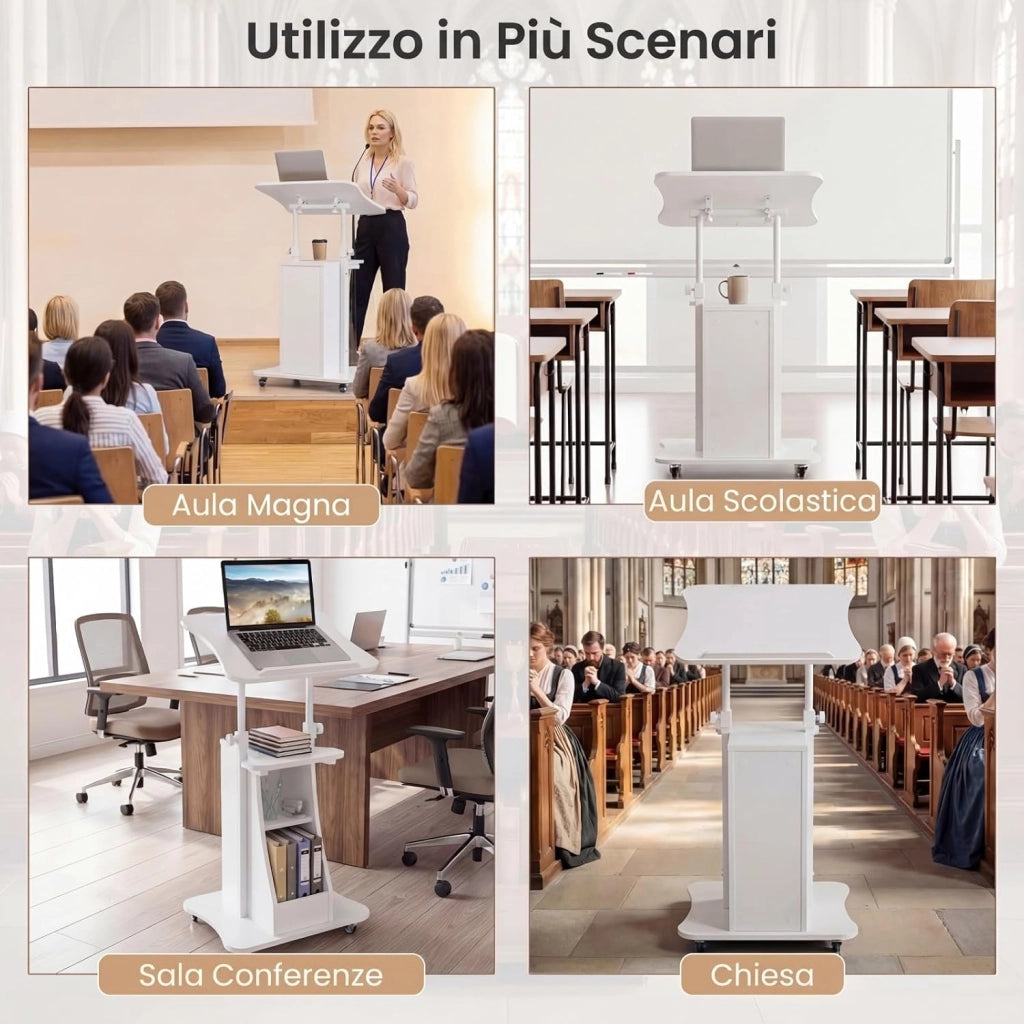 Leggio per Oratori, Podio per Conferenza con Ruote Bloccabile, Altezza Regolabile, Piano Ribaltabile e Armadietto Aperto, Leggio da Pulpito in Legno per Aula, Ufficio e Seminario (Bianco)