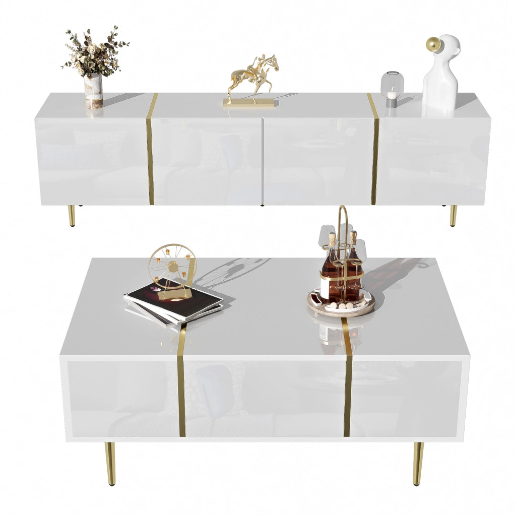 Set Mobile TV e Tavolino Bianco Lucido 170 cm in MDF con Dettagli Dorati
