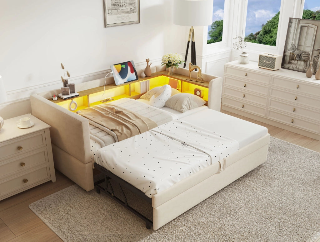 Divano letto imbottito con vani portaoggetti; LED e prese; 90/180x190 cm; beige