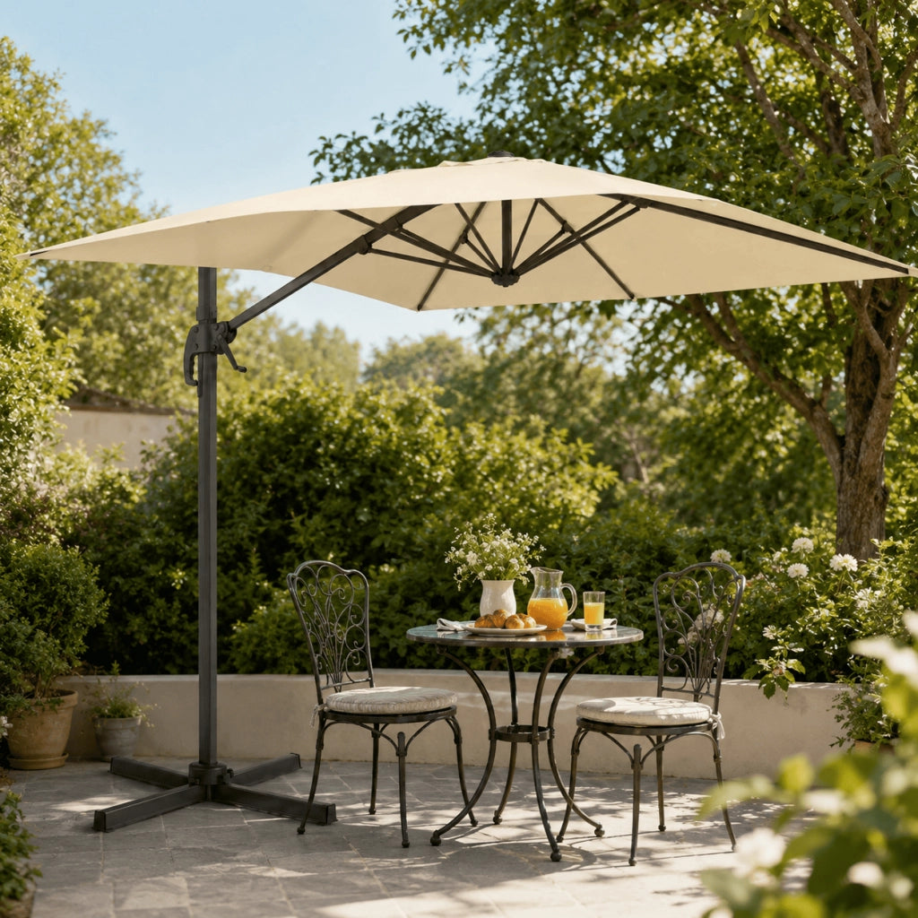 Ombrellone Decentrato Girevole 360° Rettangolare Con Struttura In Alluminio E Rotante Braccio In Acciaio Base a Croce E Custodia Inclusa Per Giardino Terrazza Patio E Piscina 4X3 M Ecrù