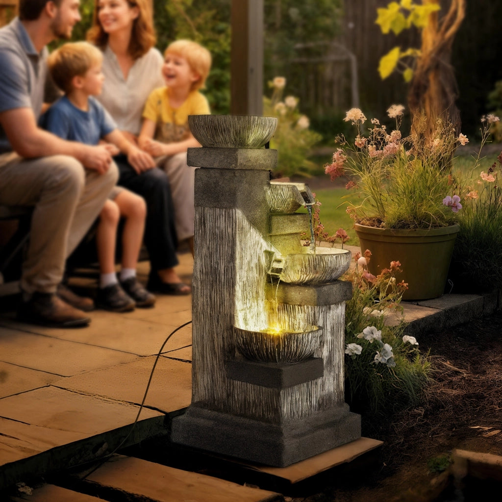 Fontana da Giardino 4 Livelli con LED e Pompa ¨C zephmum ¨C Grigio 85 cm