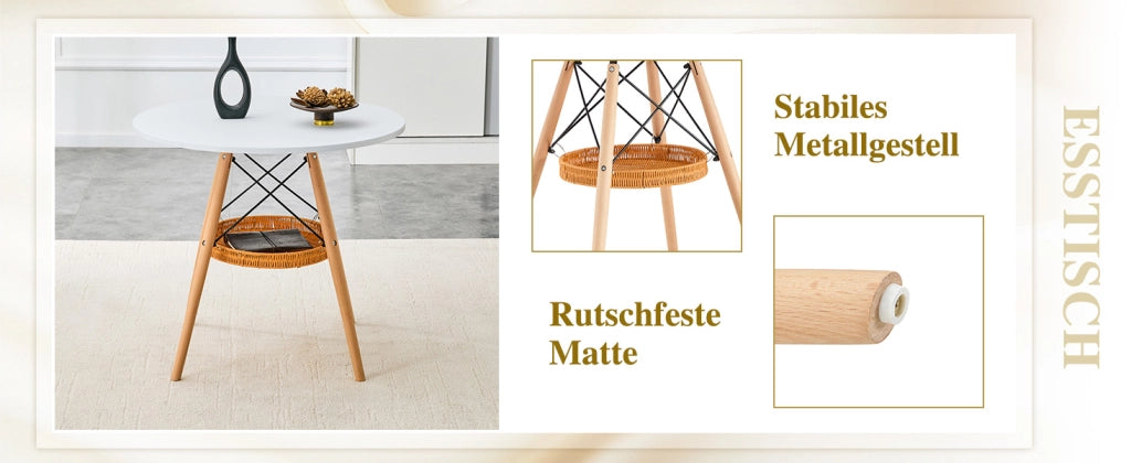 Tavolo da pranzo rotondo con cestello sospeso, 2-4 posti, in MDF e legno massiccio, per piccoli spazi, bianco, Ø 80 cm