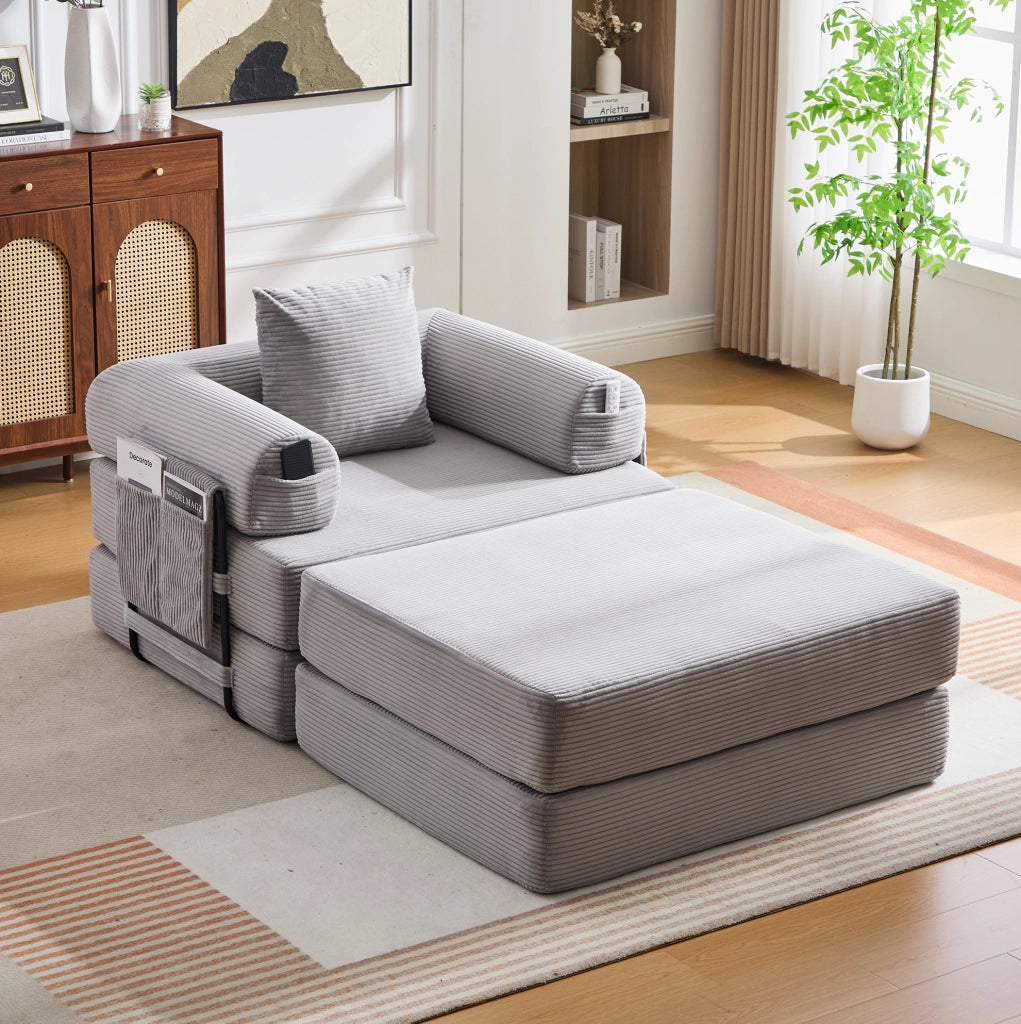 Divano modulare in velluto a coste grigio chiaro con pouf; 112x190x67 cm; senza montaggio