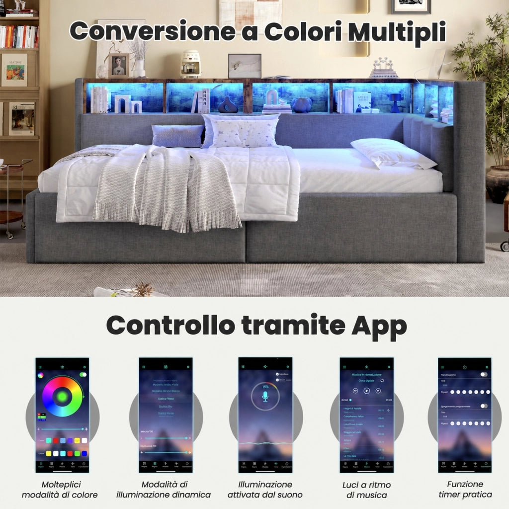 Letto divano 140x200 con letto estraibile e LED dimmerabile; pino e MDF; bianco