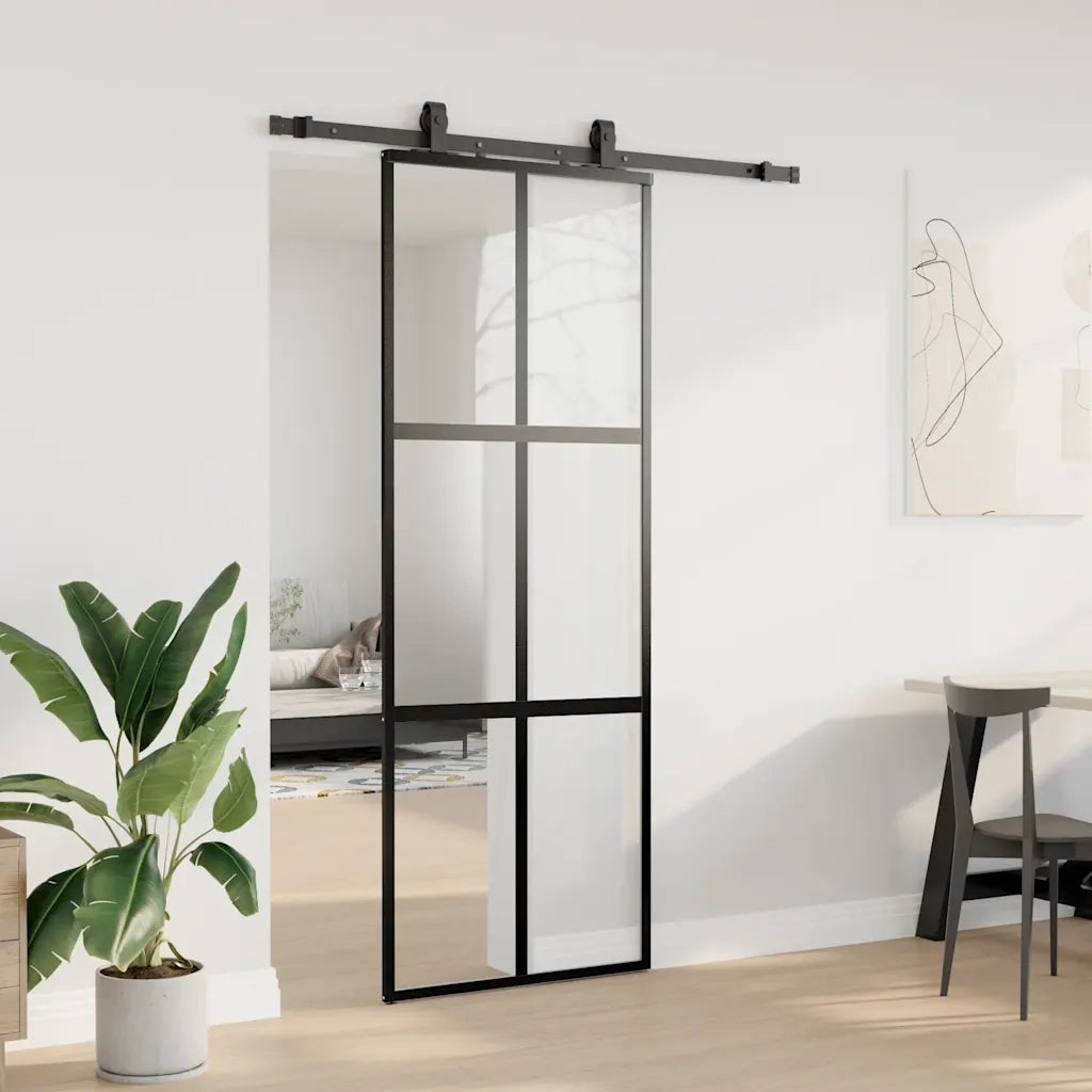 Porta Scorrevole Set Ferramenta Nera 76x205 cm Vetro Temperato 3375915