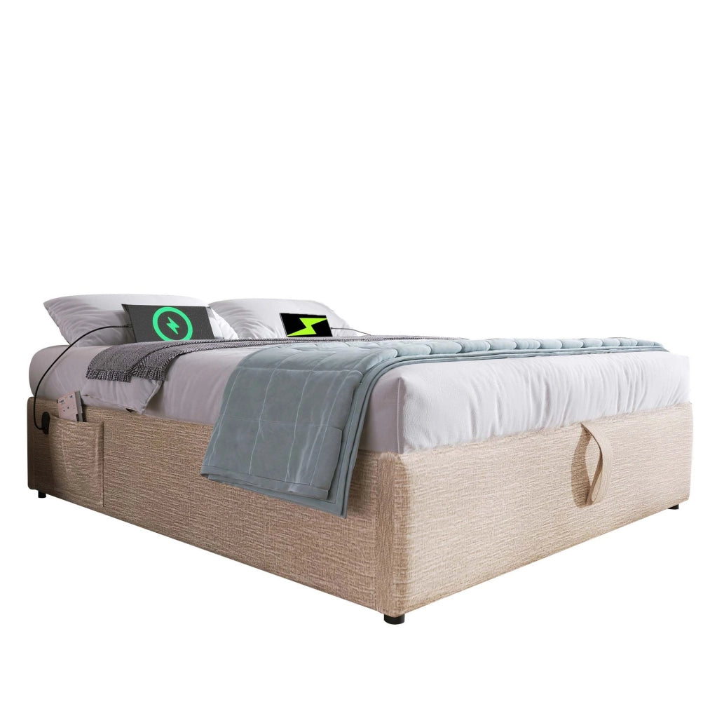 Letto contenitore per materasso 160x200 cm con USB e Type-C; lino beige e naturale; senza testiera