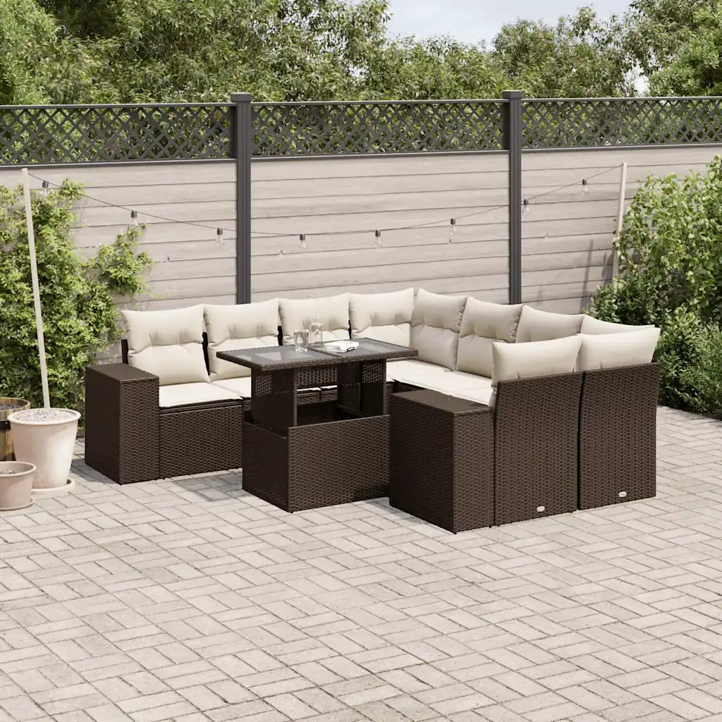 Set Divani da Giardino 9pz con Cuscini Marrone in Polyrattan