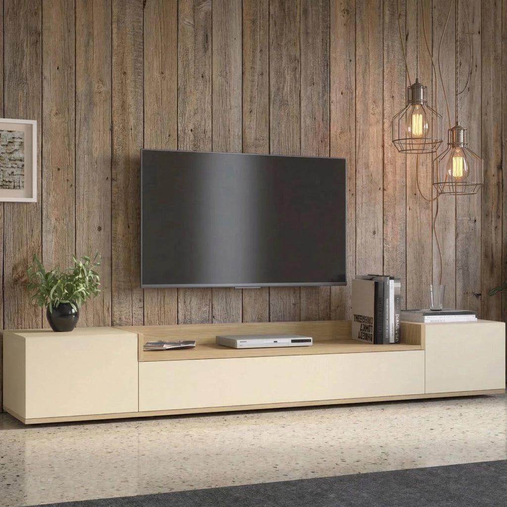 Oxanna, Mobile Porta tv 3 Ripiani Made in Italy, 200x35x30h cm Bianco Cashmere