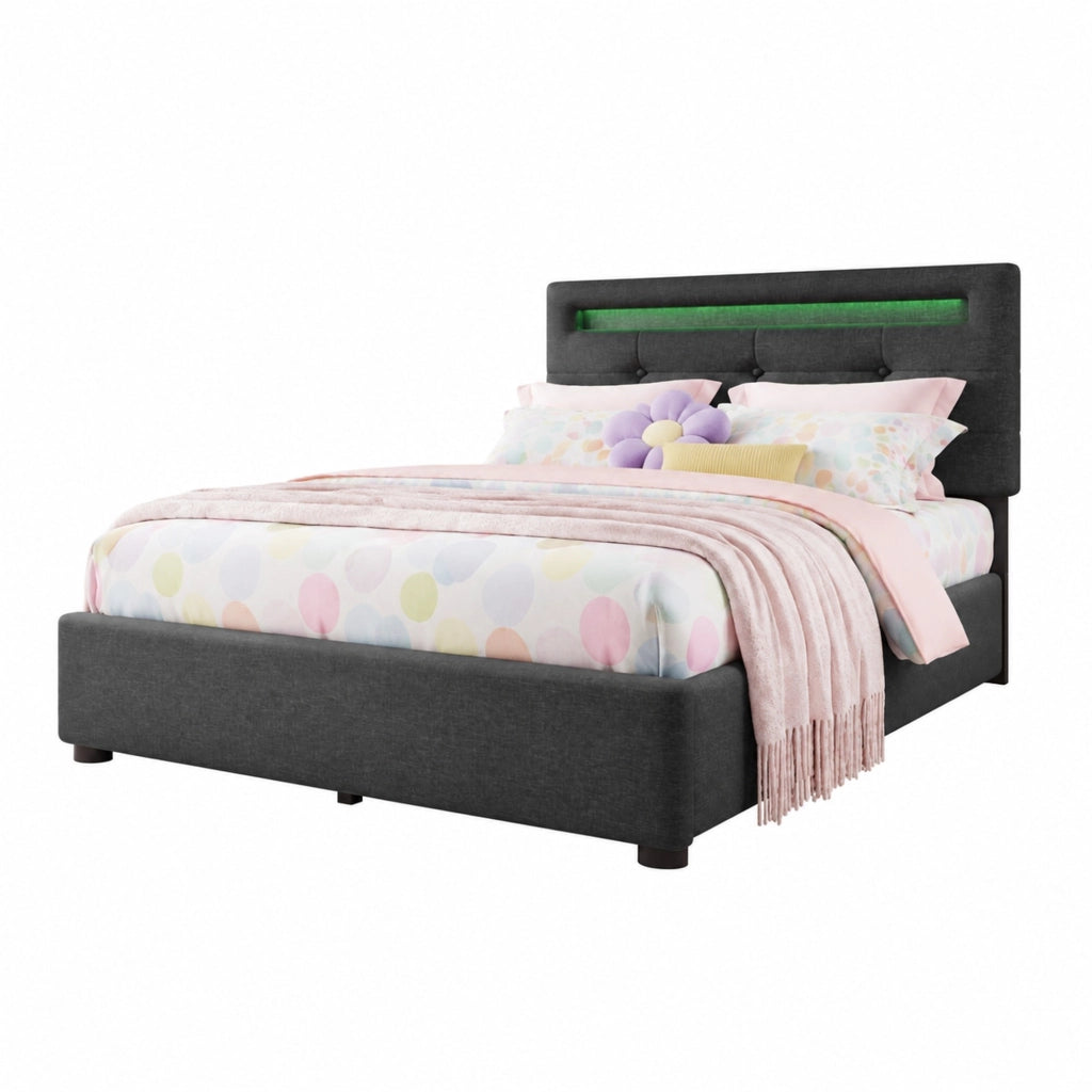Letto singolo imbottito 90x200 cm con LED, 2 cassetti, testiera regolabile, grigio