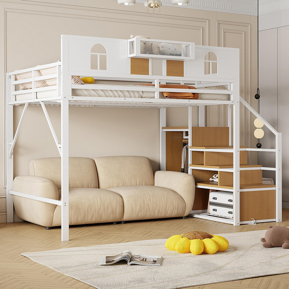 Letto a Soppalco Metallo 140x200cm - Xylo - con Scala e Contenitore, Bianco