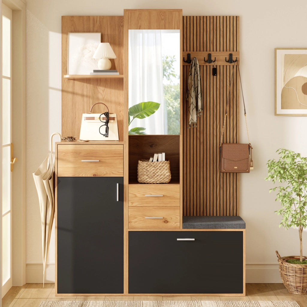 Garderoba da ingresso 120x32x178 cm con specchio; panca e illuminazione LED in MDF; nero e naturale