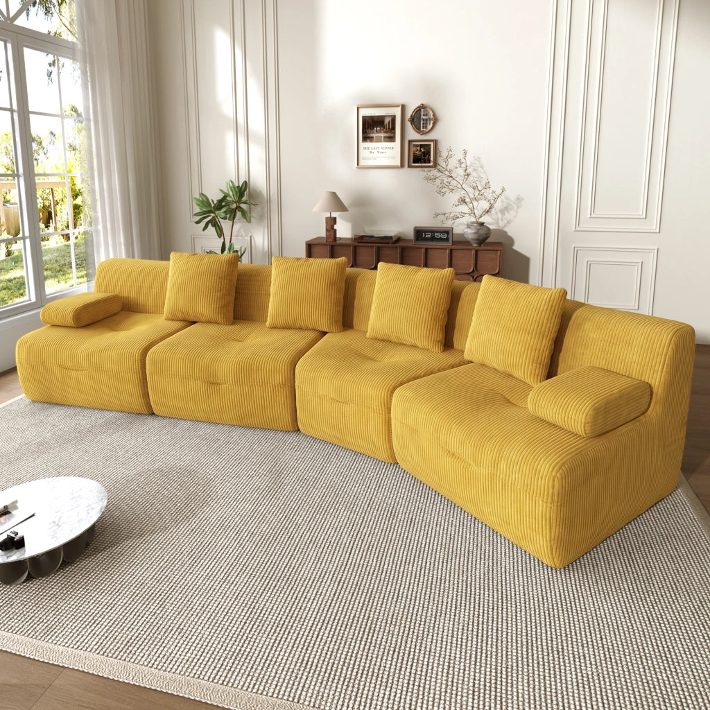 DIVANO modulare 4 posti 311x90x65 cm in velluto a coste giallo brillante