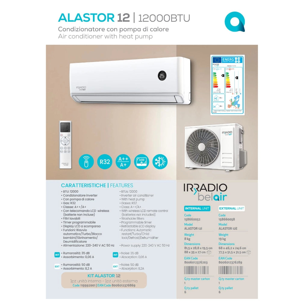 Climatizzatore Inverter Pompa di Calore ALASTOR 12 12000 BTU R32 WiFi Ready per 40 m² Silenzioso con Telecomando