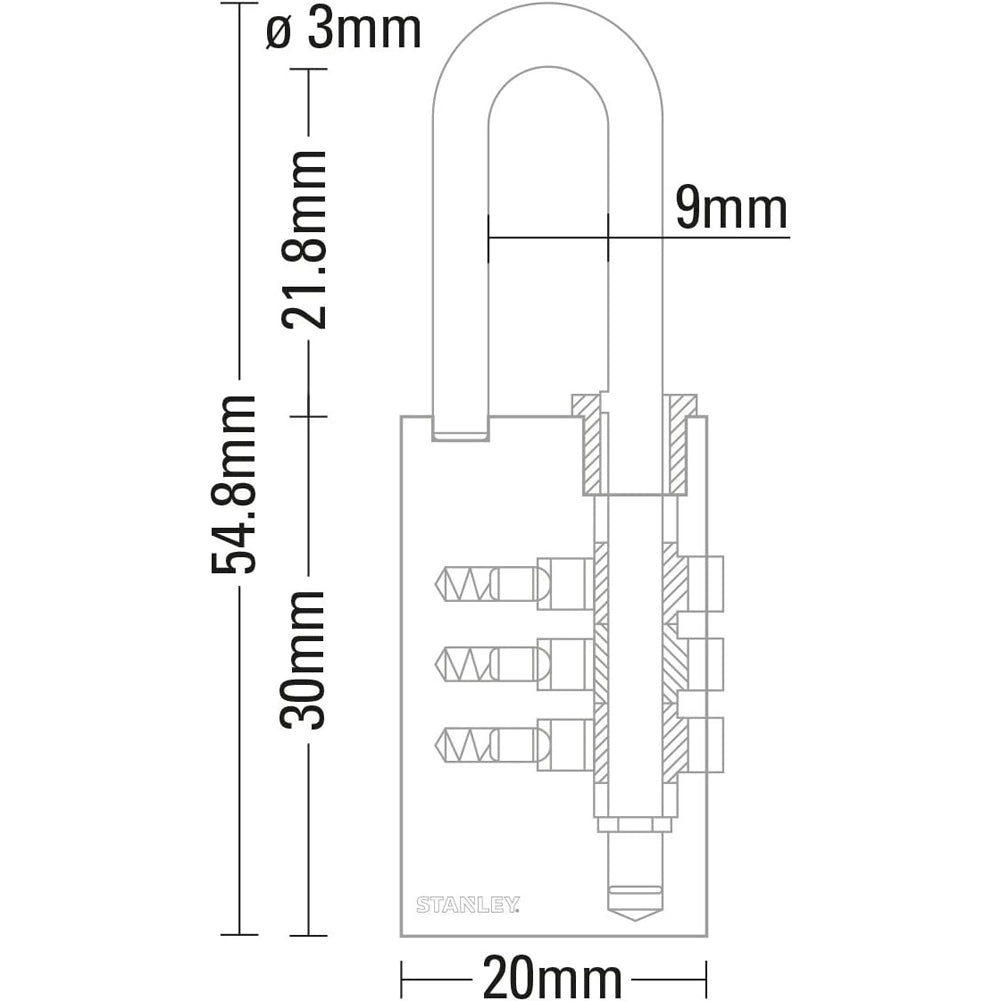 Stanley Lucchetto a Combinazione Arco 20 mm a 3 Cifre Corpo Ottone per Armadietti