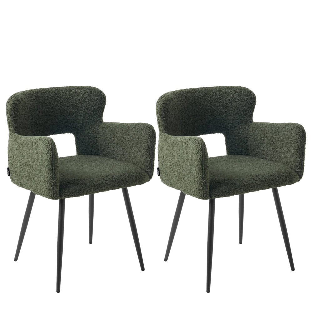 Set di 2 sedie da pranzo bouclè verde scuro braccioli schienale intagliato gambe in metallo moderna industriale