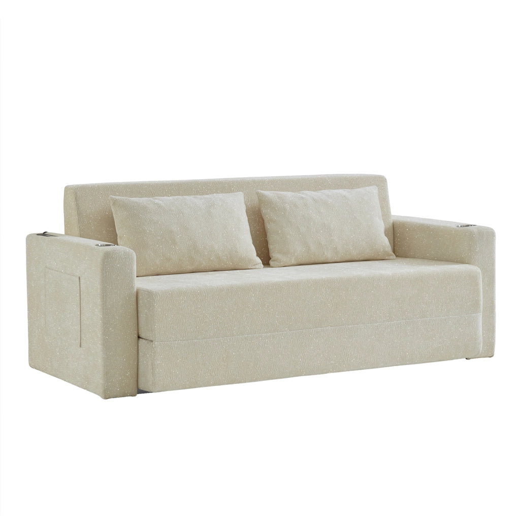 DIVANO LETTO 2-IN-1 CLAPABILE IN CHENILLE BEIGE CON USB E 2 CUSCINI