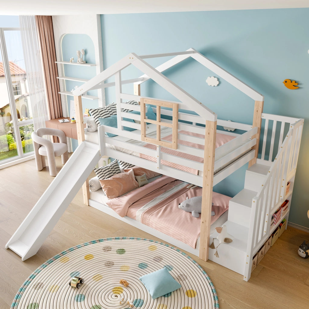 Letto a castello con scivolo e scala in legno bianco 90x200 cm