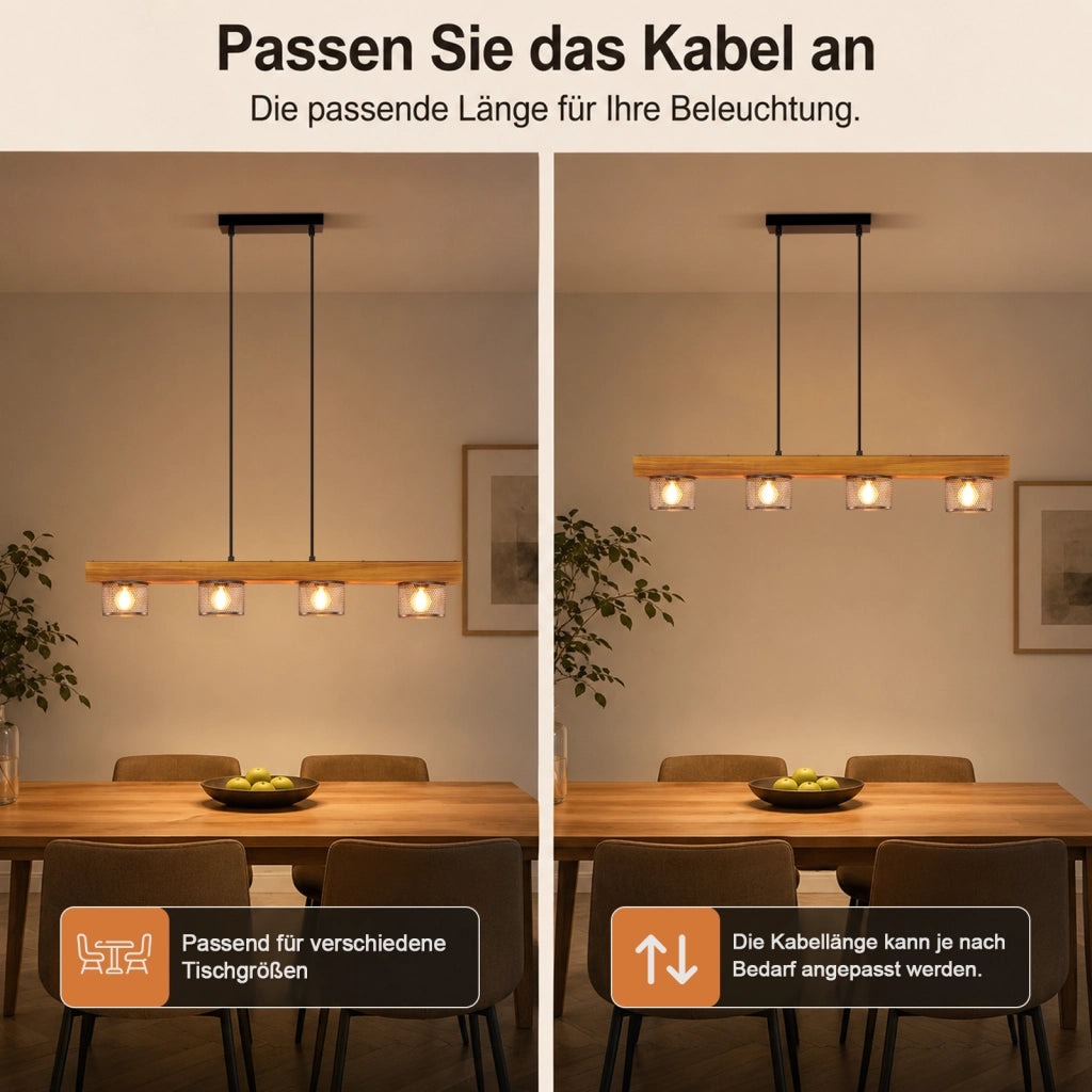 ZMH Lampada a Sospensione Vintage in Legno Nero 4 Luci con Trave in Legno E14 per Sala da Pranzo Senza Lampadina