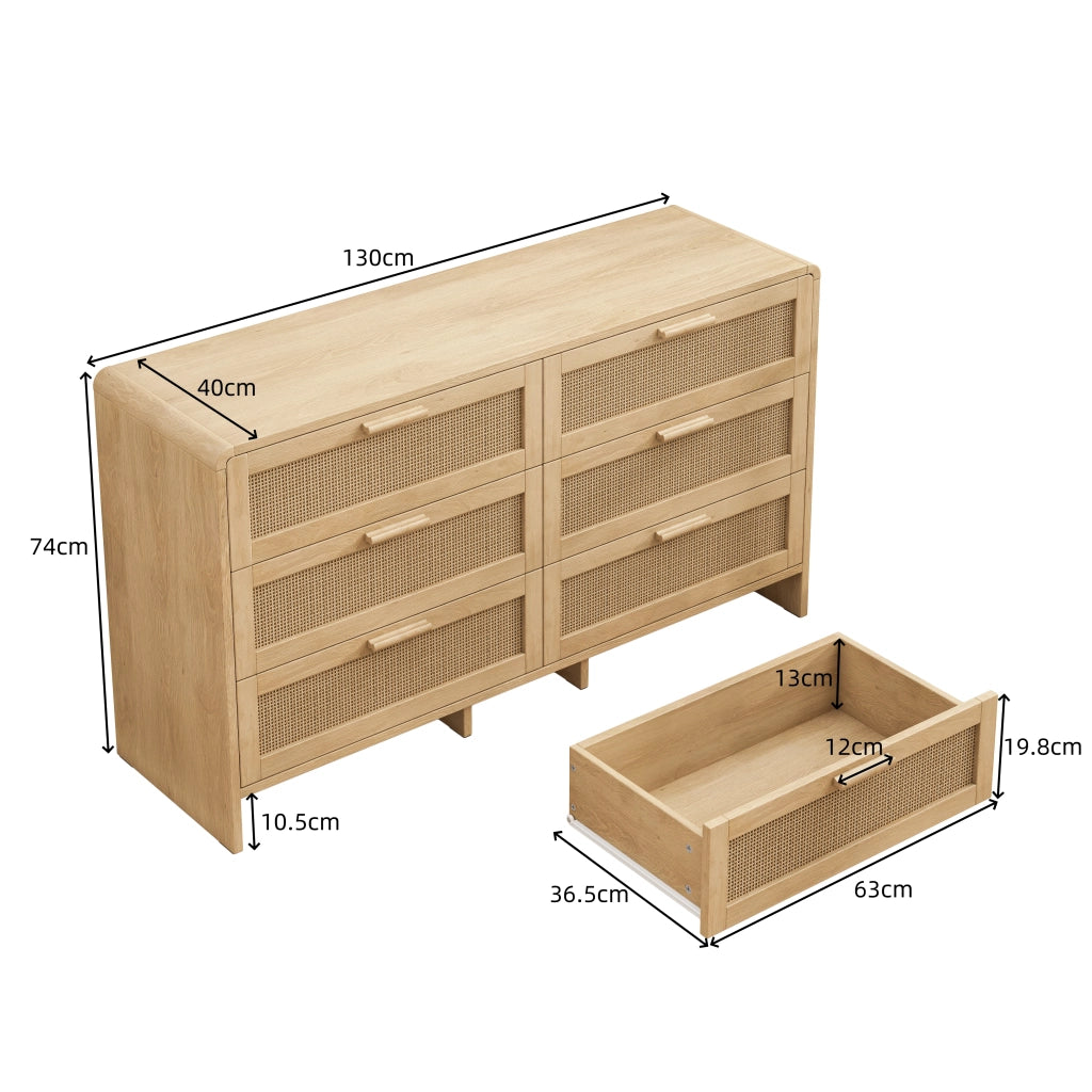 Cassettiera con 6 Cassetti; Angoli Arrotondati; Design in Rattan Naturale; in Truciolare; 130??40??80 cm; Naturale