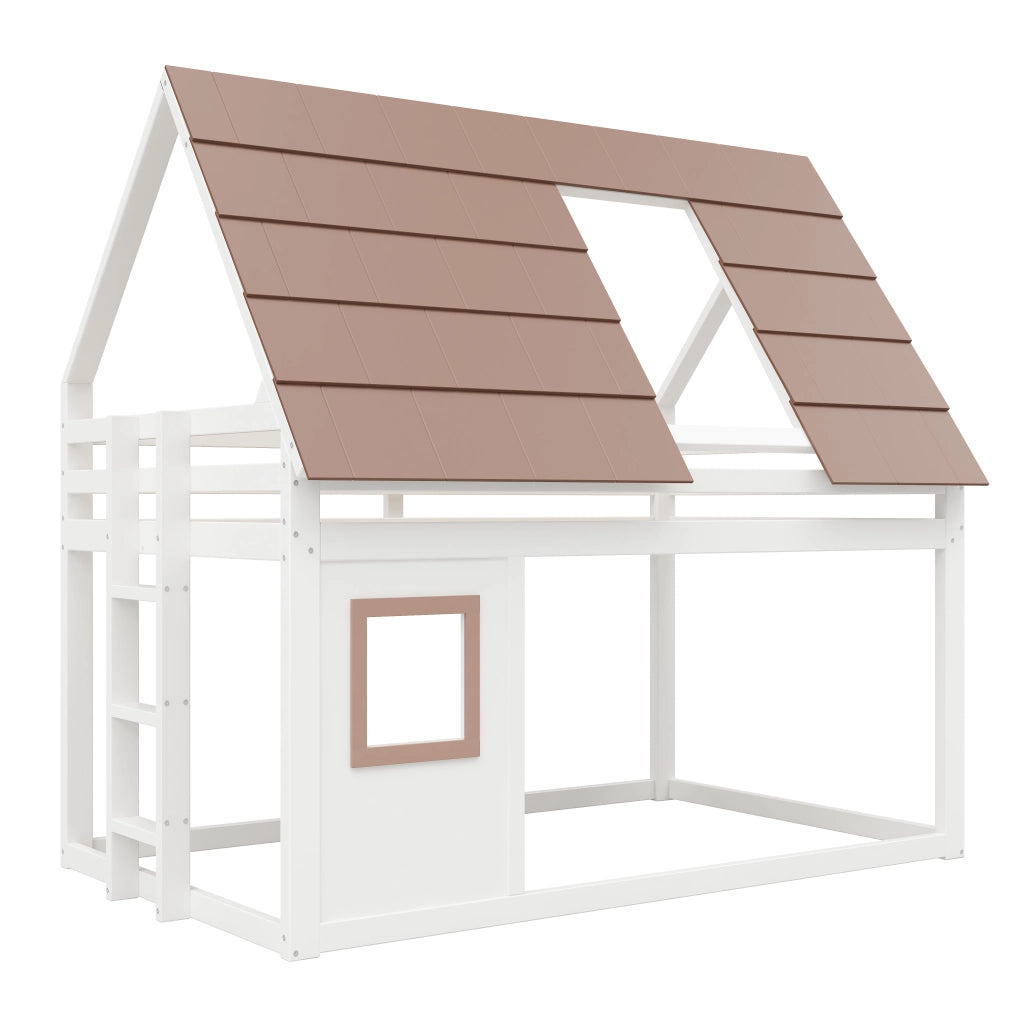 Letto a castello 140 × 200 cm con tetto e scala, sponde di sicurezza, senza materasso, in legno, marrone e bianco