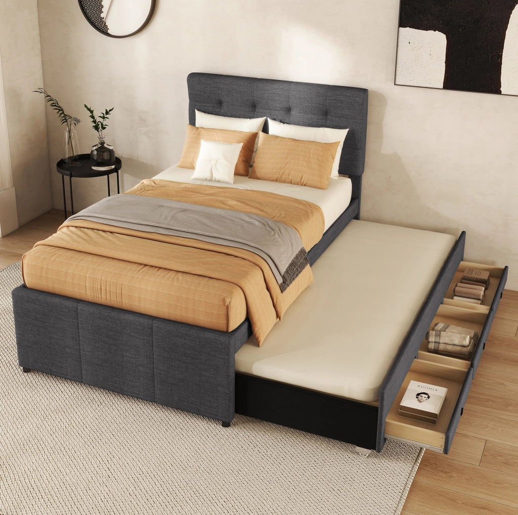 Letto imbottito 90x200 cm con letto estraibile; cassetti; legno; grigio (Senza materasso)
