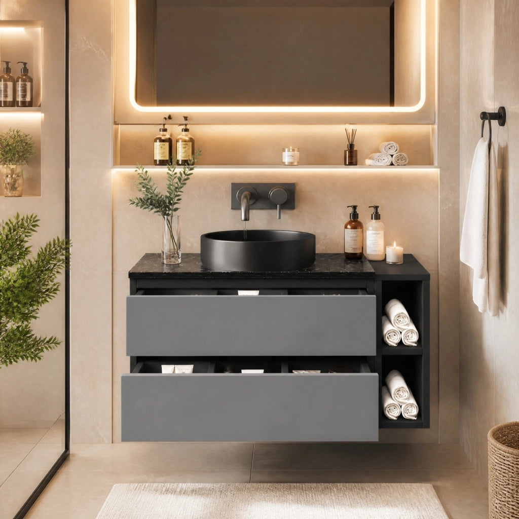 Mobile bagno con lavabo rotondo in ceramica e piano in marmo; nero e grigio