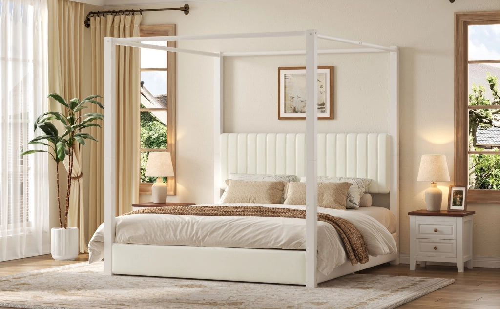 Letto matrimoniale 180 × 200 cm con struttura a baldacchino, testiera imbottita, senza materasso, in MDF e metallo, beige e bianco