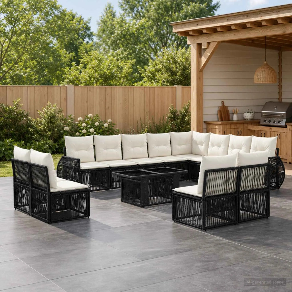 Set Divano da Giardino 13 pz Nero e Bianco Crema polyrattan 3437017