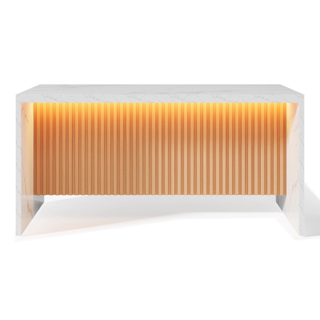 Isola da cucina 155x80x90 cm in MDF, bianco effetto marmo, con LED, prese EU e USB, piano da 40 mm