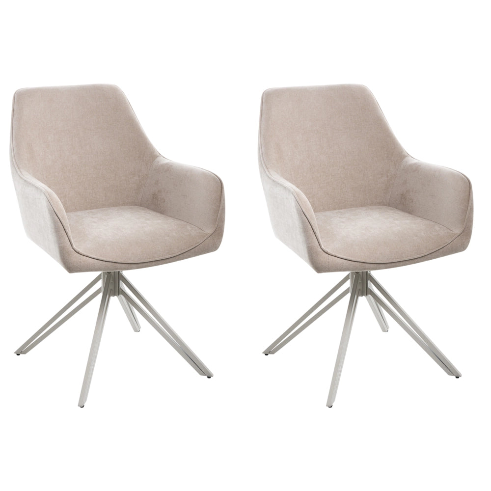 Set di 2 sedie da pranzo girevoli in tessuto beige con braccioli e schienale, gambe in metallo beige, stile retrò-contemporaneo