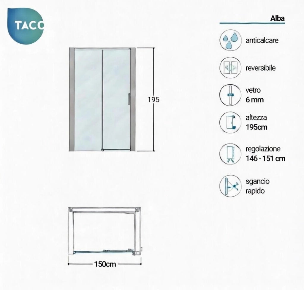 Box doccia a nicchia 150 cm porta scorrevole apertura laterale H195 cm ALBA Cromato