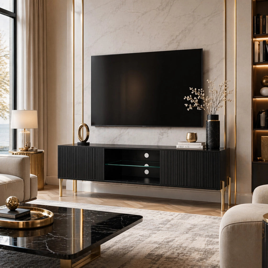 Mobile TV Moderno Con Due Ante Battenti Vano Centrale A Giorno Ripiano Vetro Passacavi Posteriori Melaminico Per Soggiorno Design Living Contemporaneo 135 X 31 X 47 Cm Nero