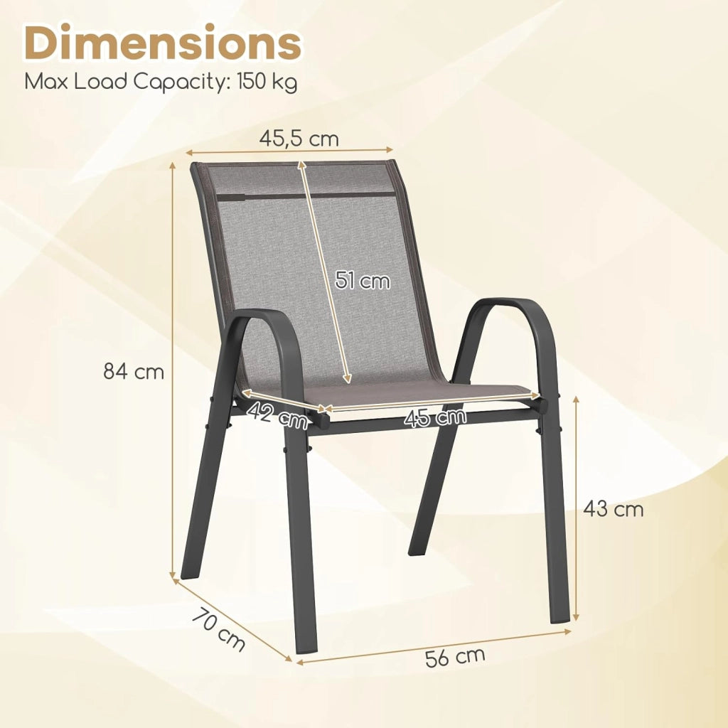 Set di 2/4 Sedie da Giardino, Sedie Impilabili da Esterno in Tessuto con Telaio in Metallo, Poltrona da Balcone con Braccioli e Schienale Alto, per Sala da Pranzo, Carico 150 kg (Grigio*4)