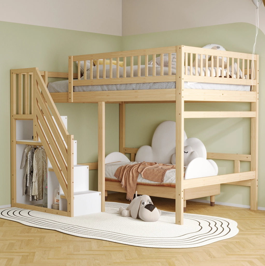 Letto 140x200 cm con scala contenitore e protezione alta in legno colore naturale