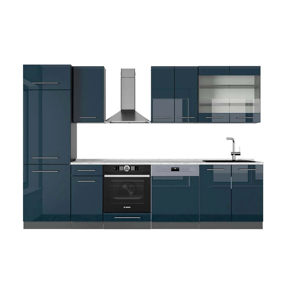 Cucina componibile Fame-Line Blu scuro lucido/Antracite 300 cm, PL Marmo Vicco