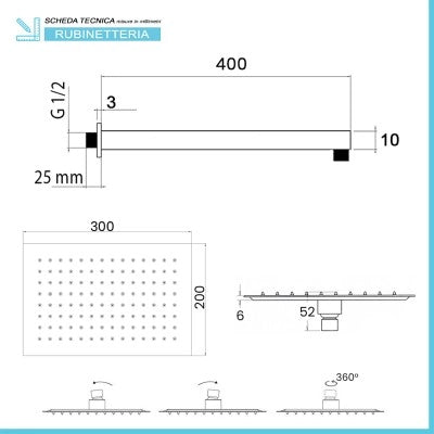 Set doccia con braccio 40 cm e soffione 30x20 cm in inox nero opaco
