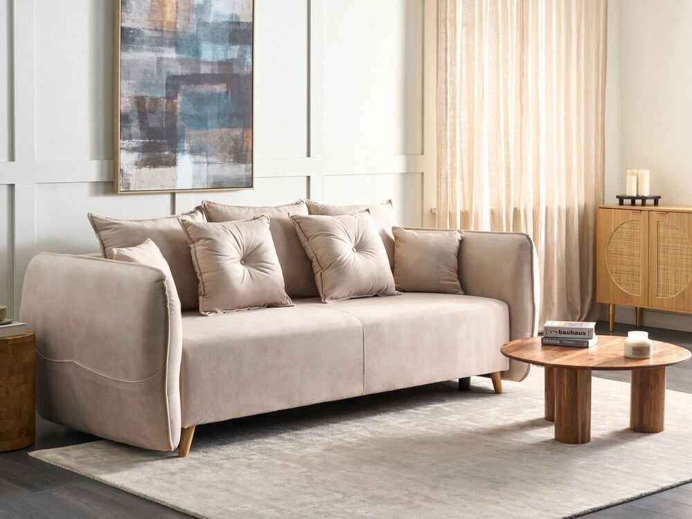 Divano letto 2 posti Beige Chiaro Poliestere Velluto Tessuto Contenitore Cuscini aggiuntivi Sfoderabili Soggiorno Camera da Letto