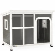 Casetta per Cani con Finestrelle e Ingresso a Tenda, in Legno di Abete, 90x62x71 cm, Grigio Chiaro